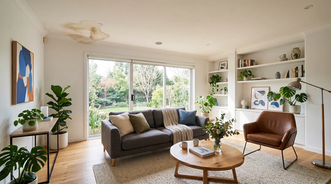 Salon moderne lumineux avec tache d'eau brune visible au coin du plafond, plancher de bois, sectionnel gris et baie vitrée donnant sur jardin