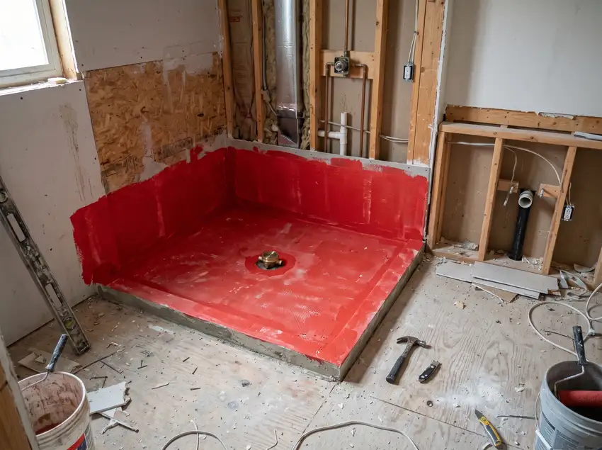Bathroom mid-construction with red Schluter-Kerdi waterproofing membrane on the shower floor, exposed drain plumbing