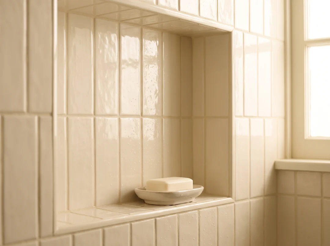 Shower niche in vertically stacked cream rectangular tile with matching grout and a ceramic soap dish