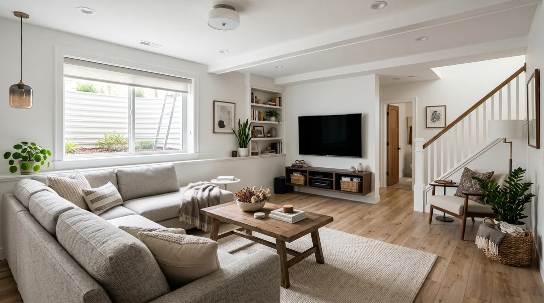 Sous-sol fini moderne aménagé en salon familial avec plancher de bois clair, sectionnel gris et escalier blanc ouvert