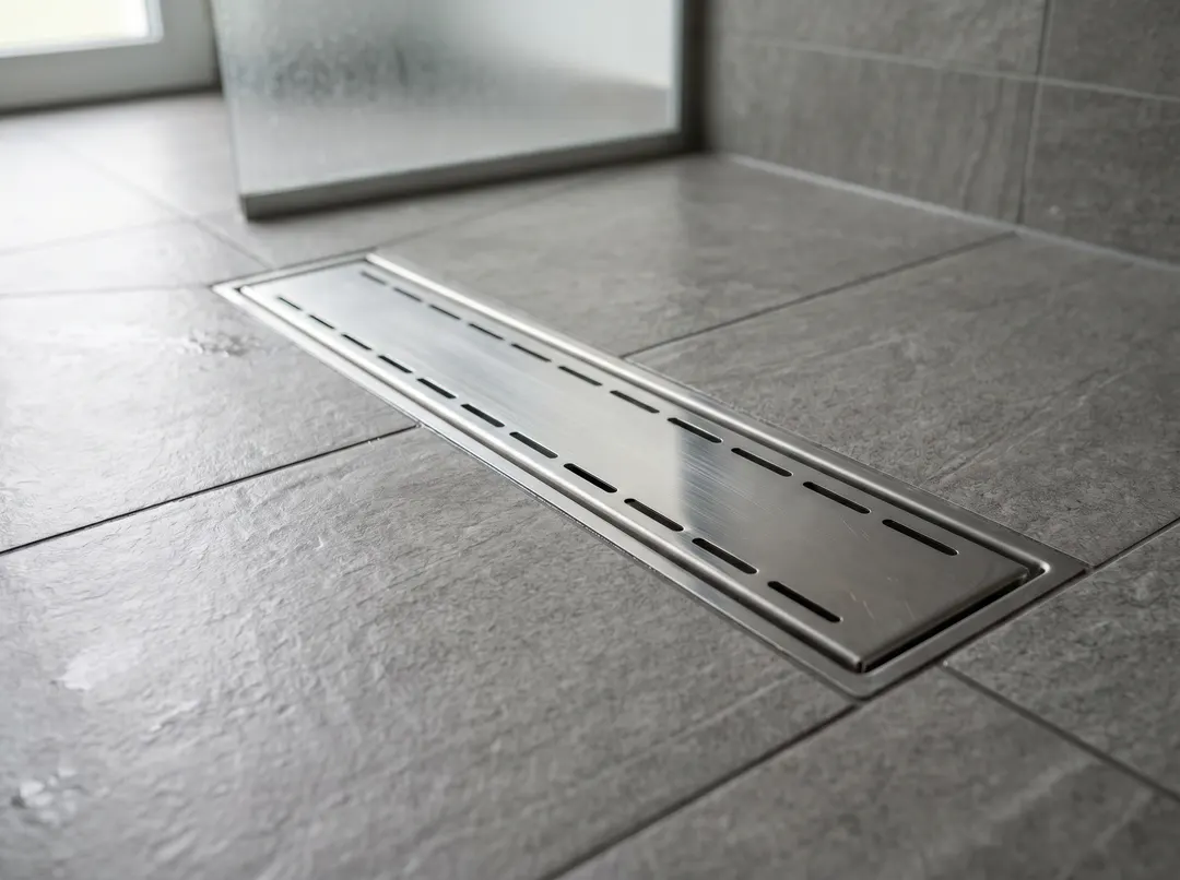 Detail of a polished stainless steel linear drain installed in a dark grey tile floor