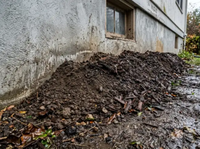 Terre et paillis empilés contre le bas d'un mur de fondation, sol détrempé après la pluie