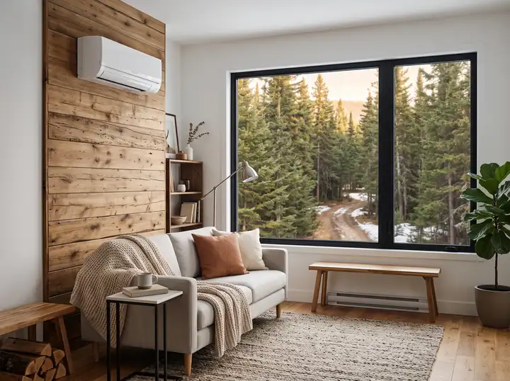 Thermopompe murale moderne dans un salon contemporain avec vue sur forêt