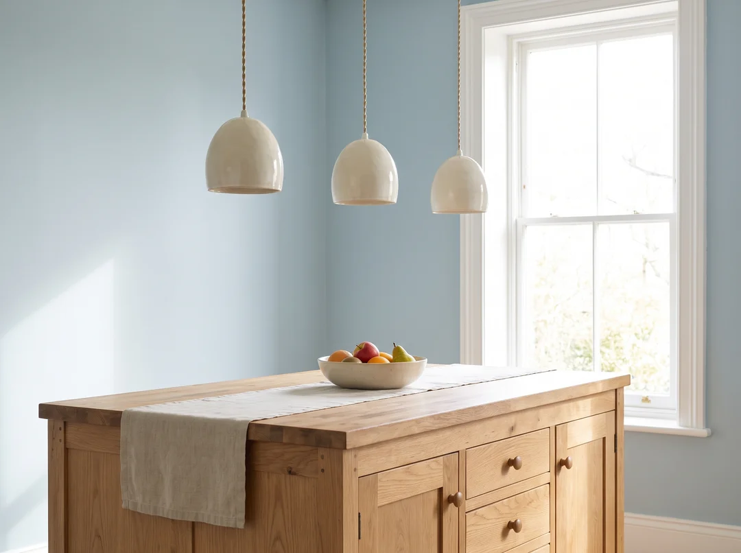 Three cream ceramic pendant lights over an oak island, pale blue wall and tall window