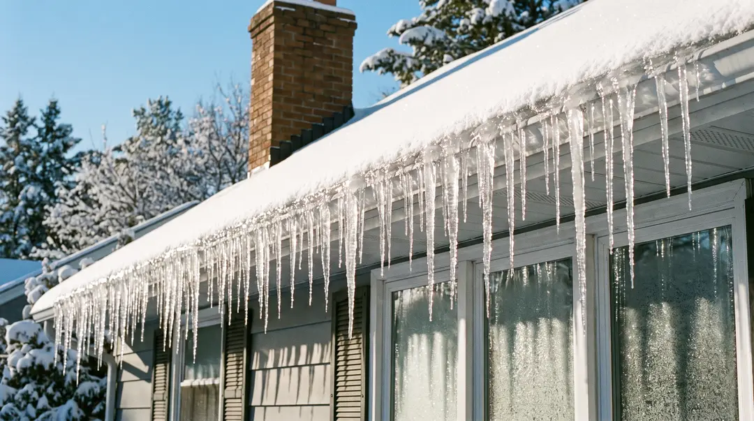 Toit enneigé avec une rangée de glaçons le long de l'avant-toit par une journée d'hiver ensoleillée