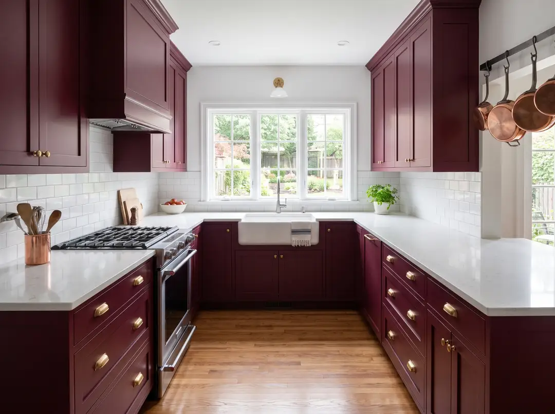 U-shaped kitchen with burgundy cabinets and brass pulls, white countertop, large window onto the garden and copper pots