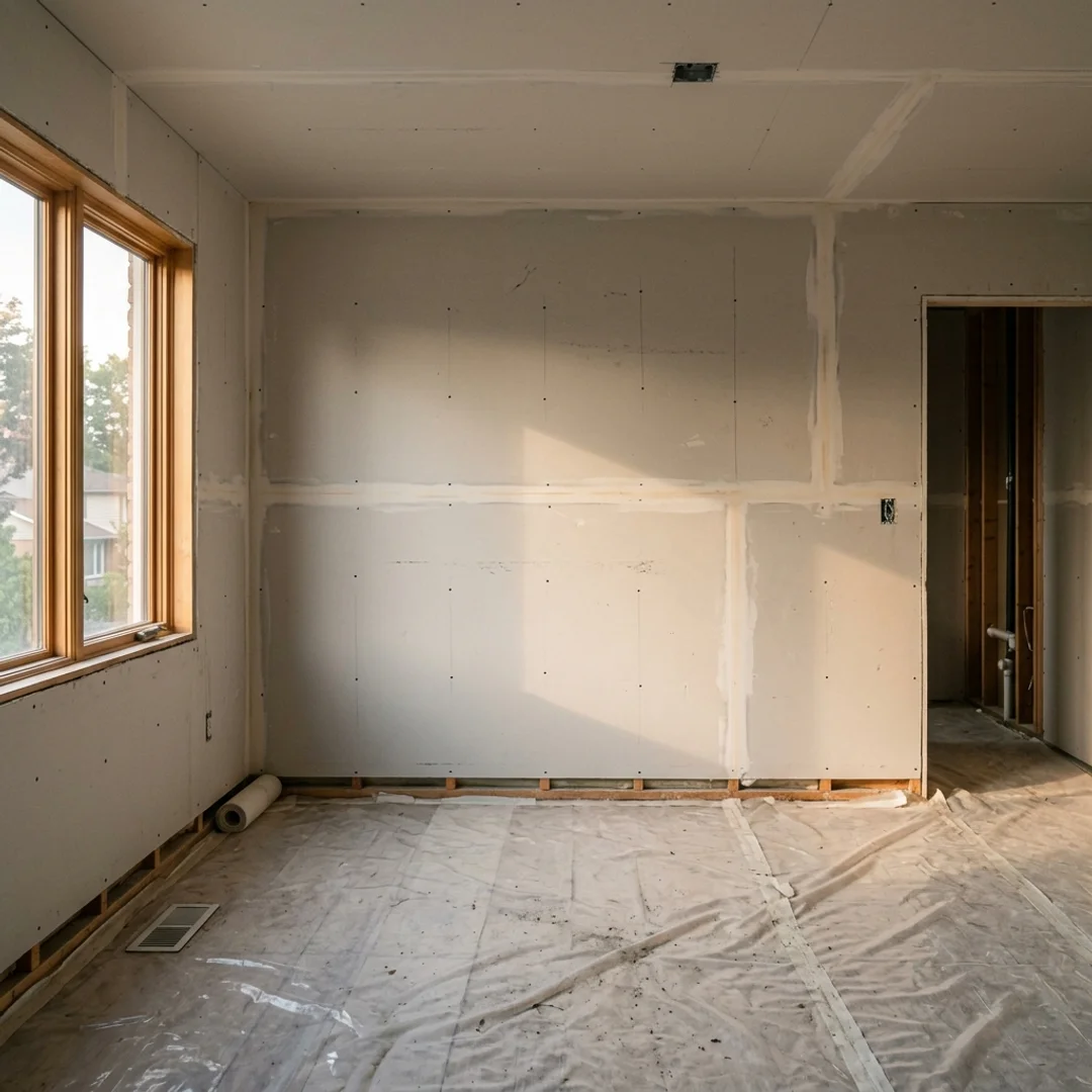 Residential room under renovation with unfinished drywall panels, drop cloth on the floor and late afternoon light