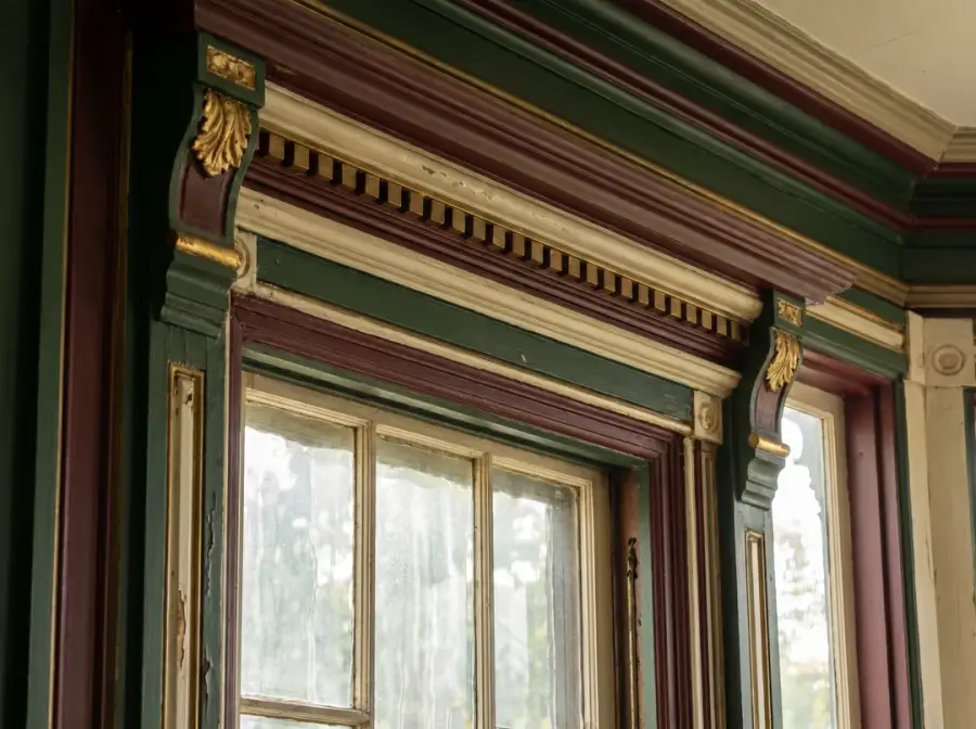 Victorian trim painted in dark green, burgundy, cream and gold
