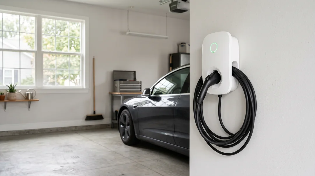 Modern white wall-mounted EV charging station in a clean Quebec residential garage.