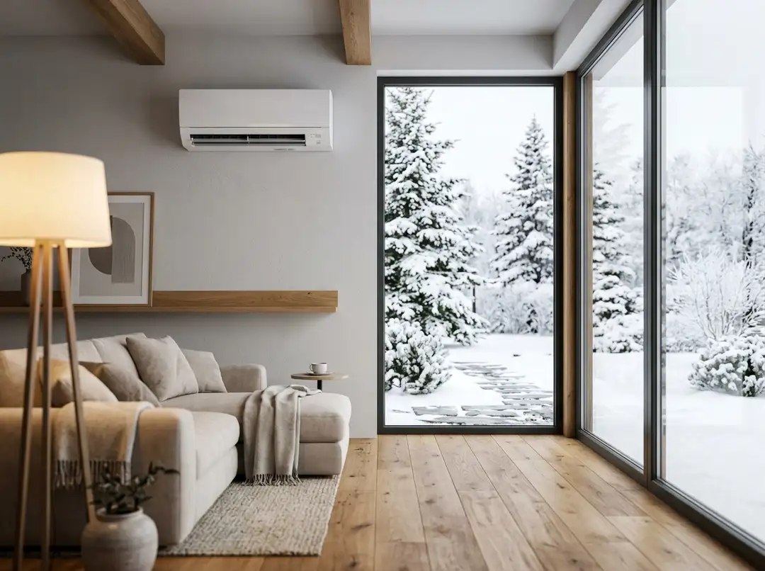 Wall mounted heat pump in a minimalist living room with a snowy garden visible through a large window