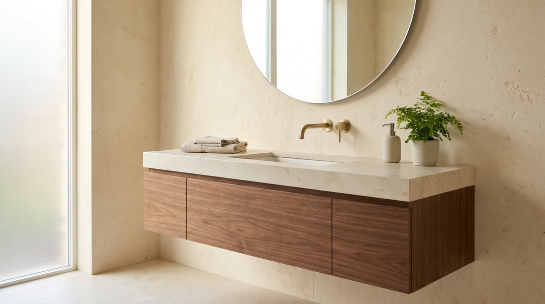 Floating walnut vanity with a brushed brass wall-mounted faucet and a cream limestone wall
