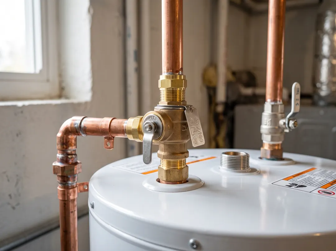 Close-up of brass pressure relief valve and copper pipes connected on top of a white water heater, clean residential plumbing