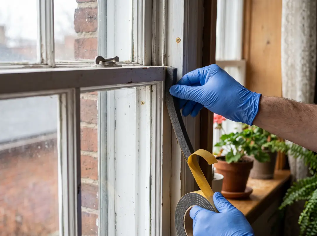 Gloved hands applying fresh weatherstripping foam tape to an old wood window frame in a Quebec home interior.