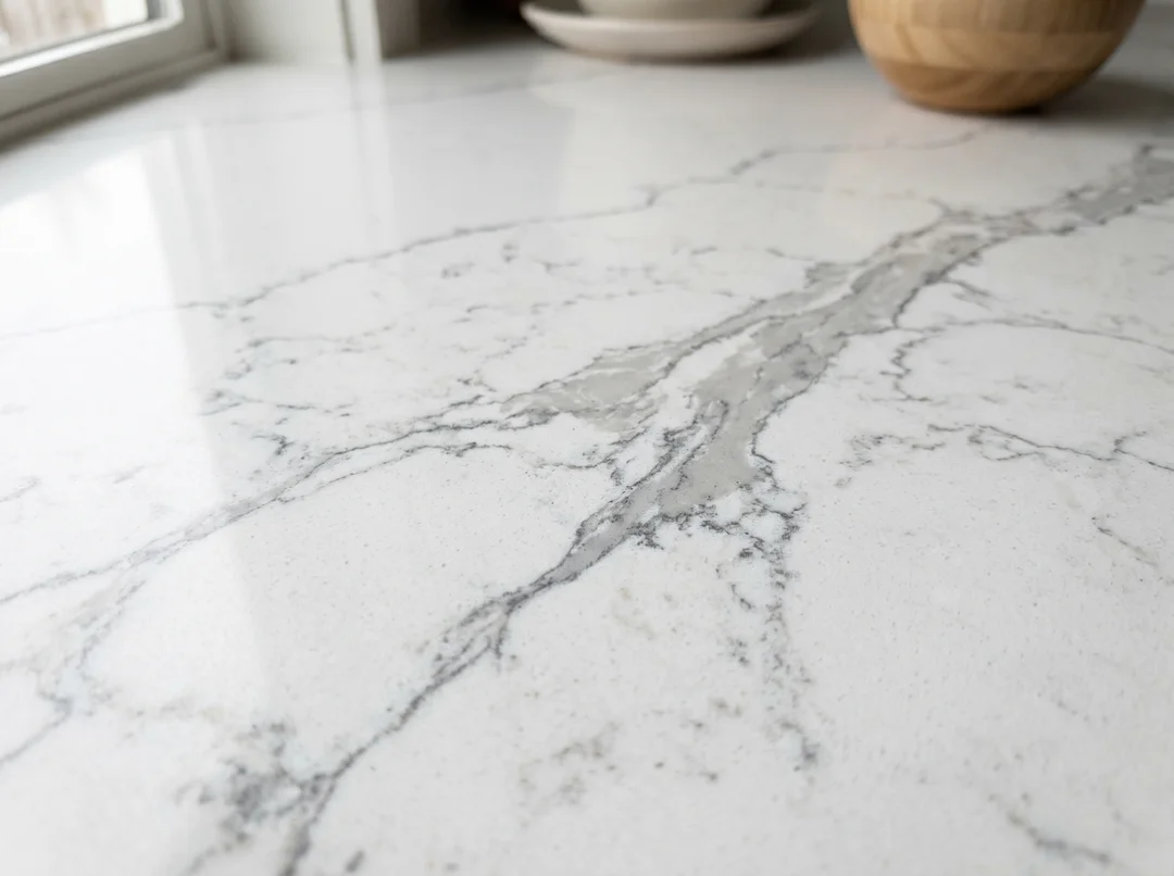 Macro of a white quartz kitchen countertop with grey veining and polished surface, soft daylight