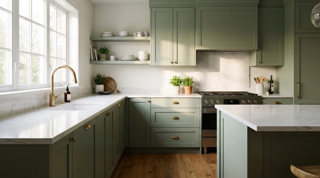 Kitchen with sage green cabinets, white veined quartz countertop and brushed brass faucet in morning light