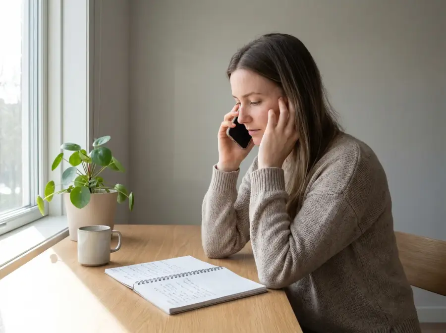 Woman on a phone call with a notebook open at a home office desk