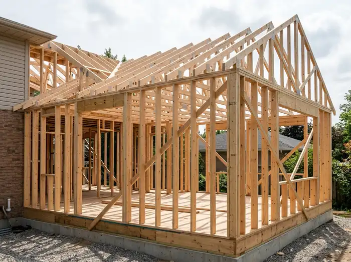 New wood framing of a residential extension with exposed roof trusses, concrete slab, natural daylight