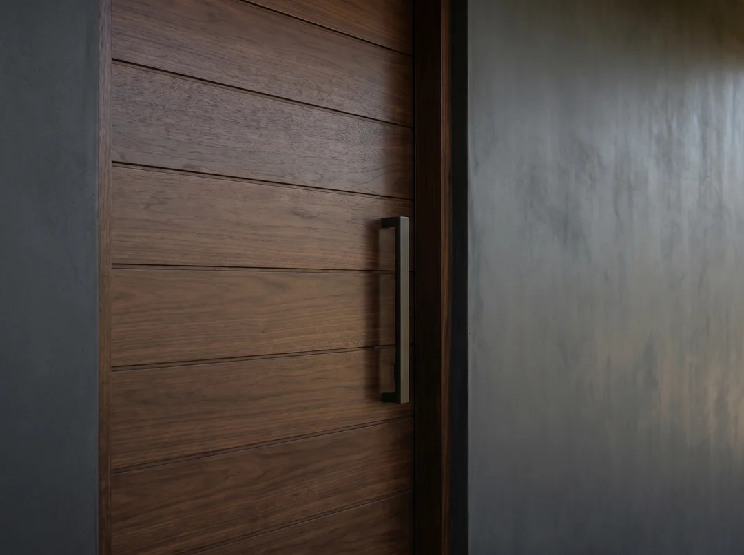 Modern walnut wood front door, minimalist architectural detail