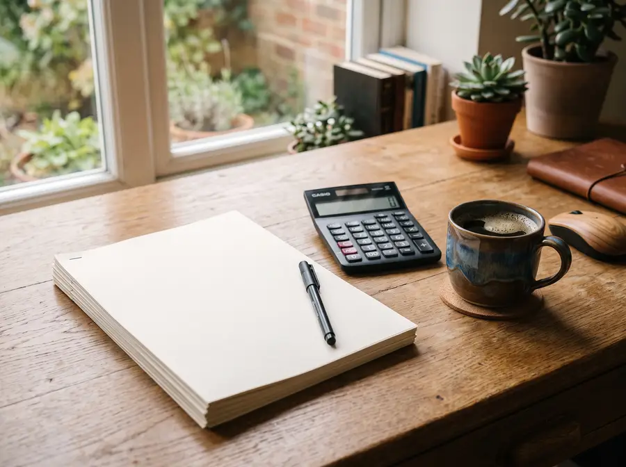 Light wood table with stack of white documents, pen on top, calculator, ceramic coffee mug near a window overlooking a garden